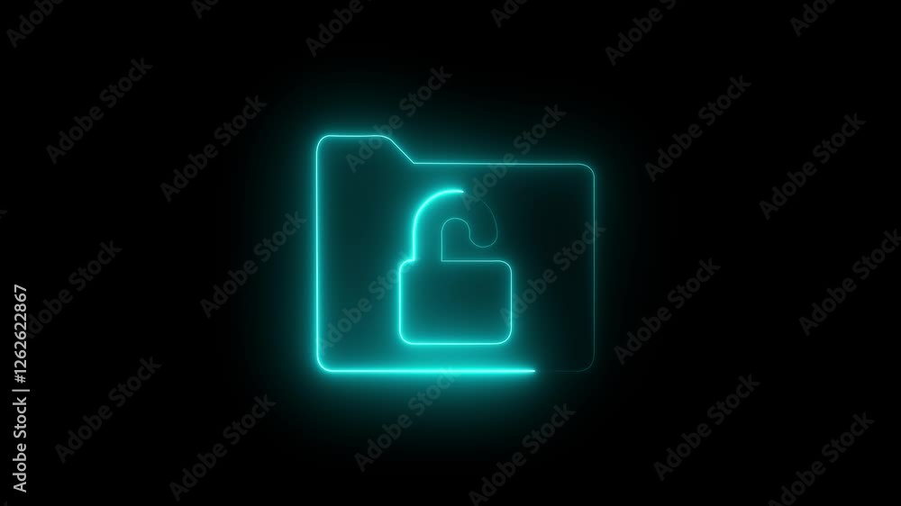 Poster glowing neon folder and lock icon isolated closed folder motion graphic animation technology video w