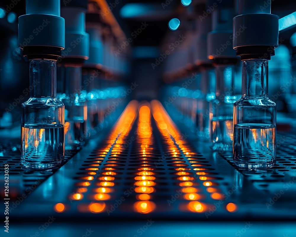 Poster serene science lab glowing with experiments in progress where students learn technical and analytica
