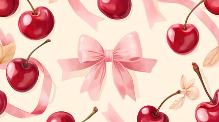 Seamless pattern of glossy red cherries and soft pink bows on a delicate pastel background with a romantic touch