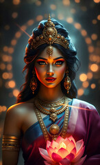 Portrait of Hindu Goddess Lakshmi holding in her hands glowing pink lotus against mystical background with bokeh lights