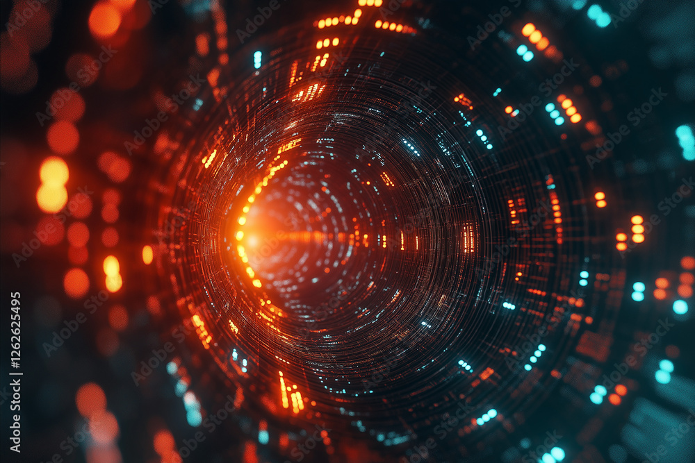 Poster vibrant digital binary tunnel with glowing numbers