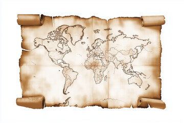 Stained sepia map print with torn corners and decorative tape stripes isolated against a white background