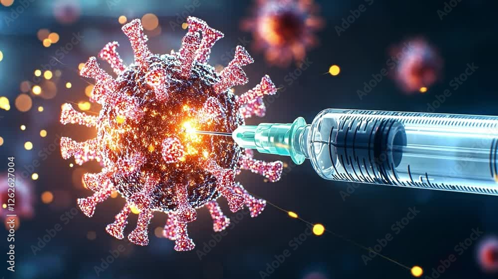 Poster vaccine syringe injecting into a virus model in high-resolution visual representation