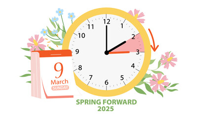 Daylight Saving Time Begins concept. Vector illustration of clock and calendar date of changing time in march 9, 2025 with spring flowers decoration. Spring Forward Time illustration banner