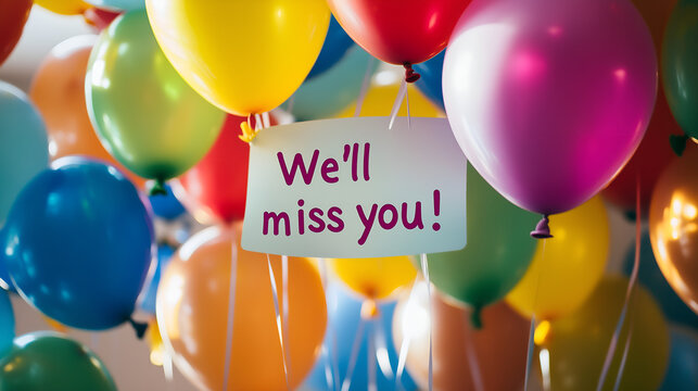 Colorful balloons with a farewell message sign saying "We'll miss you" in a cheerful and emotional goodbye celebration