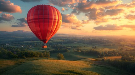 Red hot air balloon at sunrise over rolling hills