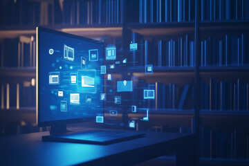 Concept of an e library with virtual icons computer