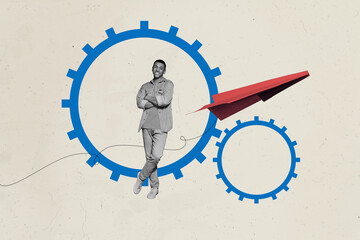 Contemporary art collage of happy american man stand gearwheel optimization settings development...