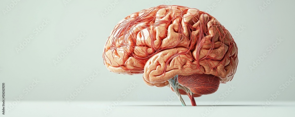Poster a realistic rendering of a human brain, showcasing intricate details and textures, set against a sim