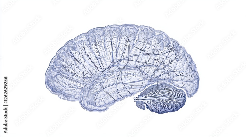 Poster illustration of a brain and a smaller structure, highlighting intricate details of neural connection