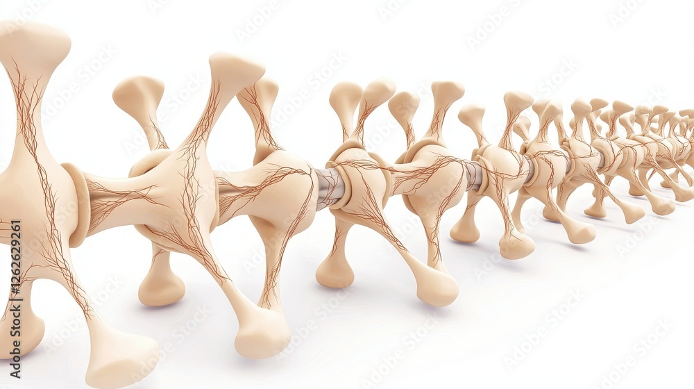Poster a series of stylized vertebrae arranged in a flowing line, showcasing the structure of the spine in 