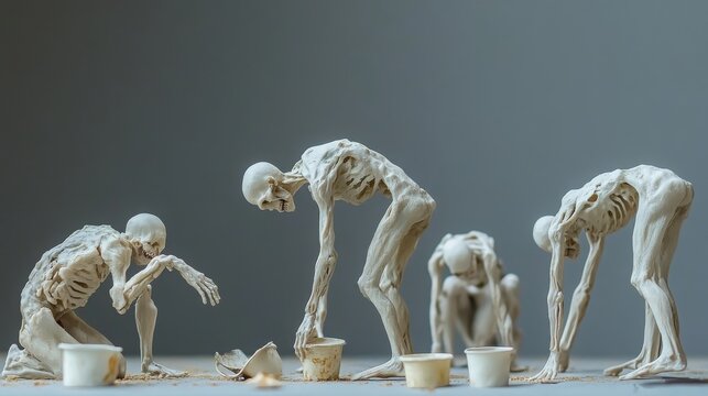 A group of people struggling with the effects of famine, with emaciated figures and empty food containers scattered around, illustrating the impact of hunger.