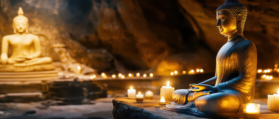 A serene scene featuring two Buddha statues illuminated by candles in a tranquil cave setting, promoting a sense of peace and spirituality.