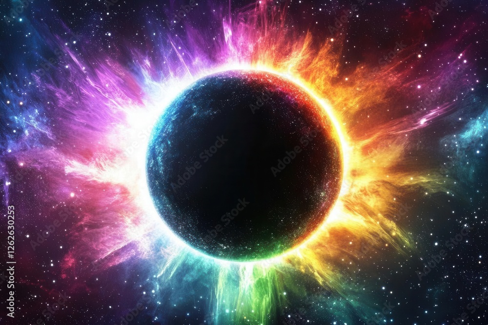 Wall mural cosmic phenomenon with electric neon corona, multicolored light rays pierce darkness around black sp