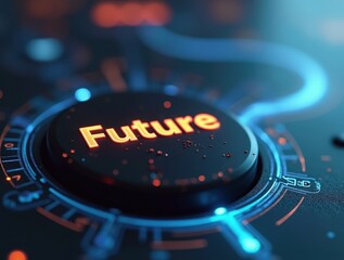 Futuristic button showing future glowing orange on control panel