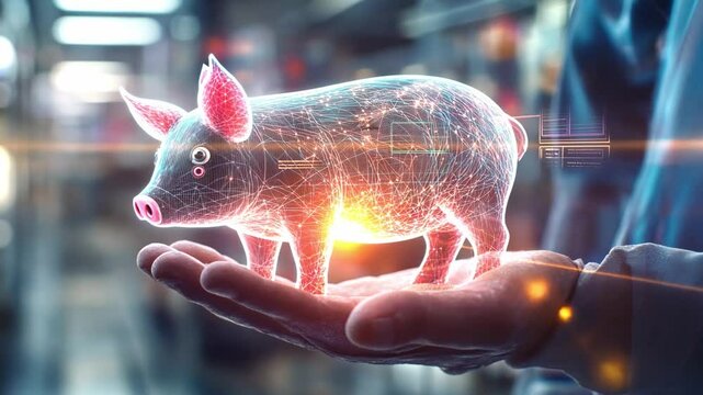 Digital representation of a pig appearing in a person's hand, showcasing advanced technology