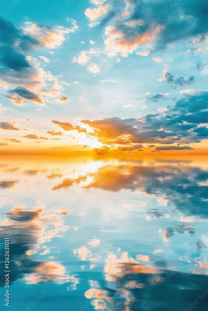 Poster a drone capturing a calm river with reflections of the sky.