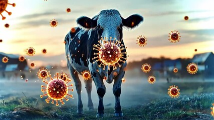 Unique encounter with a cow amidst surreal floating viruses in a rural landscape at sunset
