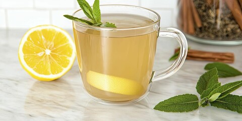 Fototapeta premium Warm herbal tea preparation for fatigue relief in a cozy kitchen, featuring fragrant ingredients and a serene atmosphere.