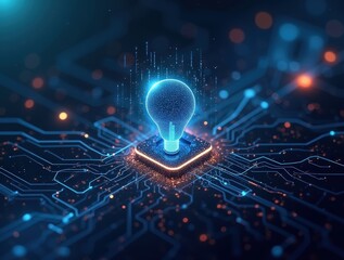 Glowing light bulb emerging from microchip symbolizing technological innovation