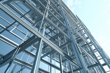 Obraz premium Skyscraper construction progress urban cityscape architectural photography steel framework environment upward perspective modern construction techniques