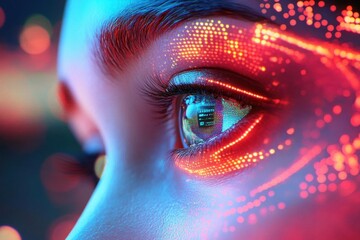 cyberpunk portrait featuring woman's eye with holographic display overlay, neon accents, and flowing digital data streams