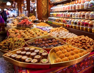 Turkish bazaar displaying colorful baklava, turkish delight, and teas
