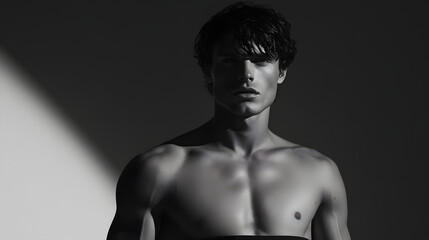 Fototapeta premium Portrait of a handsome young man with a naked torso on a dark background
