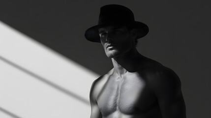 Naklejka premium Portrait of a handsome man in a hat with a naked torso