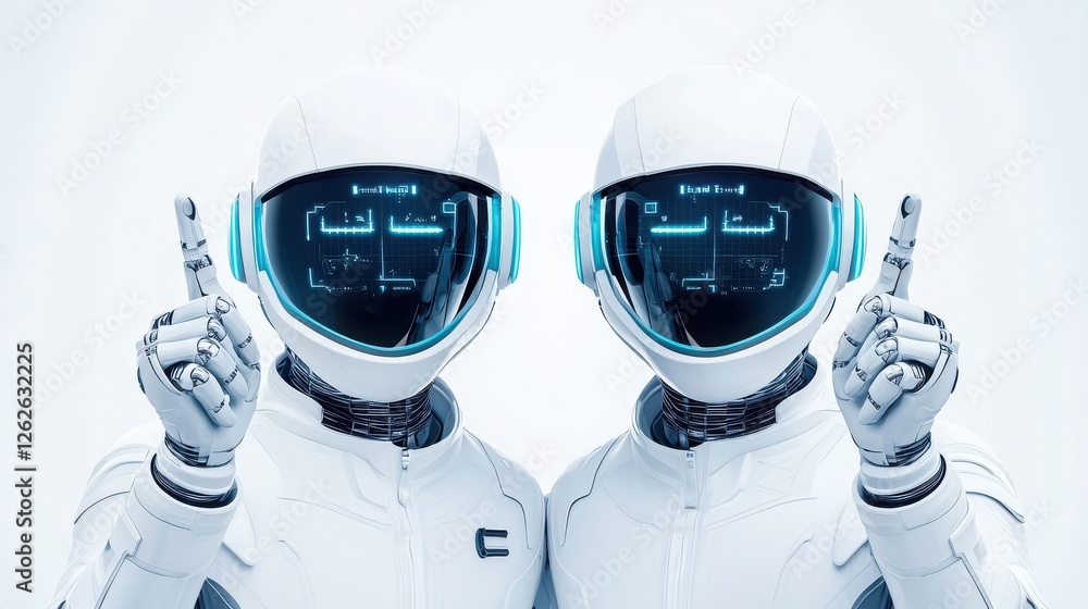 Poster two futuristic robots in sleek white suits point upwards, showcasing advanced technology with illumi