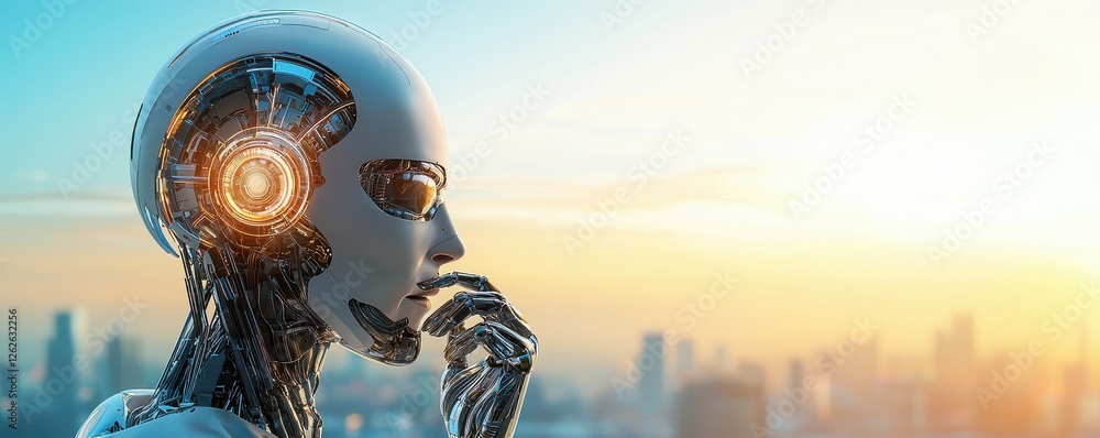 Poster a futuristic robot contemplating in a cityscape at sunset, showcasing advanced technology and artifi