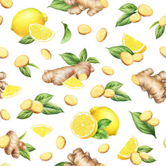 Seamless pattern with hand drawnwatercolor ginger roots and lemons with slices and green leaves