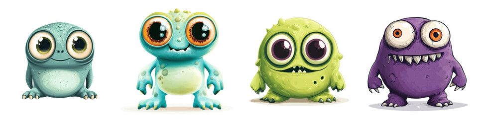 Cute Cartoon Frogs and Monsters with Big Eyes and Bright Colors, isolated on transparent background.