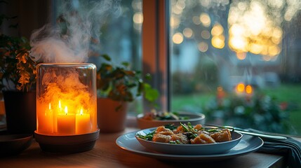 Cozy evening dinner by window, candles, warm light, outdoor view