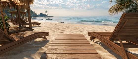 A serene beach scene featuring wooden loungers, soft sand, and calm ocean waves under a bright sky, perfect for relaxation and escape.
