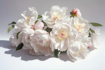 delicate white peony bouquet with soft pink centers, arranged elegantly against pure white backdrop with gentle shadows