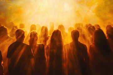 diverse group of people illuminated by ethereal golden light streams, spiritual gathering, mystical atmosphere, contemporary sacred art