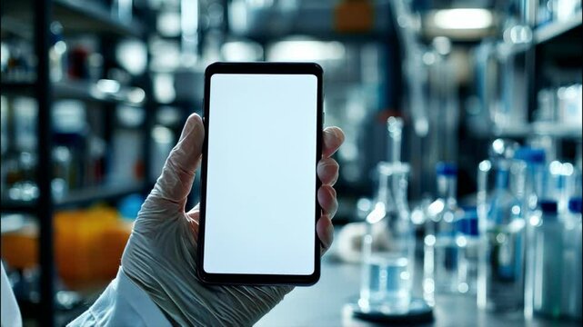 Hand in glove holding smartphone in modern laboratory, surrounded by glassware and equipment, showcasing intersection of science and technology in research.