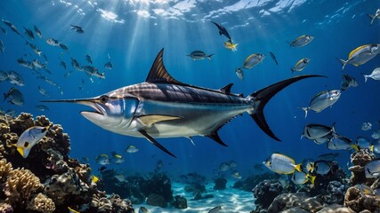 Obraz premium Blue Marlin, fishing in the Caribbean, Bahamas, Seychelles, Indian Ocean. Huge marlin fish on wolves. Exotic chopper on a catamaran under sail.