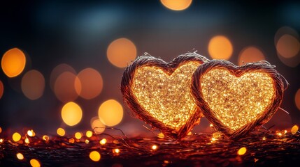 Fototapeta premium Two Illuminated Woven Hearts Romantic Glow