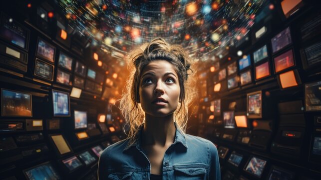 Overwhelming information data explode out of head of young human brain, too much media, too much information, maximalism, news, social media addiction.