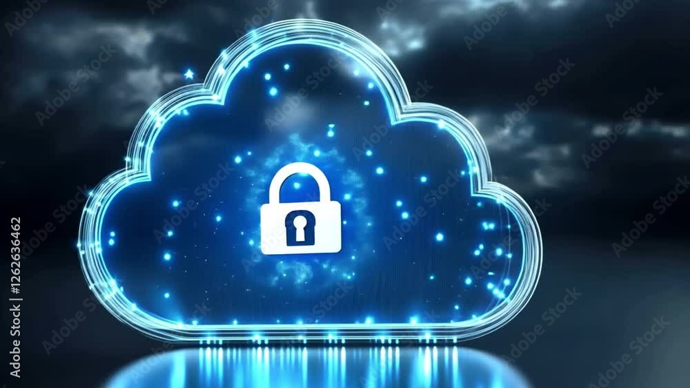 Poster Secure Cloud Computing: A glowing blue cloud icon with a padlock at its center symbolizes data security and cloud computing. The image evokes a sense of trust and protection in digital environments.
