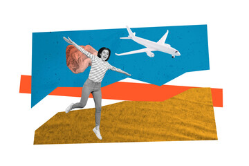 Exclusive sketch collage of happy girl tourist run airport plane leaving carry net rucksack...