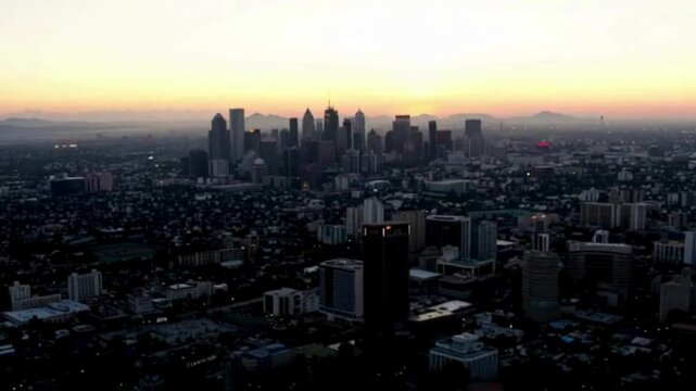 Aerial View Shot of West Los Angeles LA, Westwood, Century City, Wilshire Blvd, sunset, golden hour