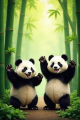 Cheerful pandas in playful poses, bamboo backdrop, playful, joyful, adorable