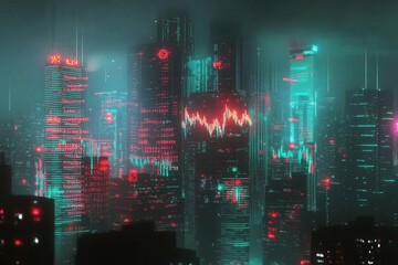 dramatic urban skyline with holographic financial data projections, glowing charts floating against dark skyscrapers, neon market indicators