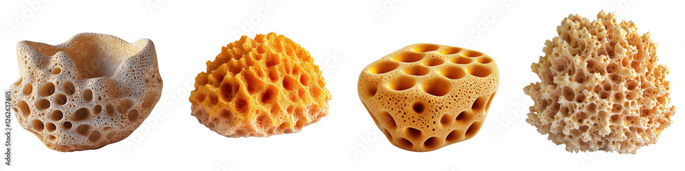 Poster four distinct 3d geometric sea sponge models in minimal style for artistic and design applications