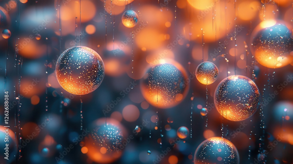 Poster an abstract image of floating, luminous spheres in varying sizes and colors, creating a mesmerizing 