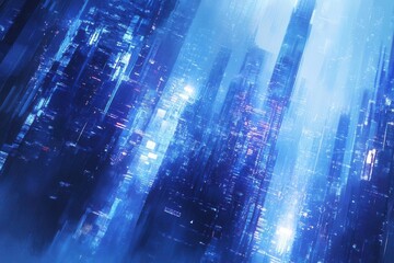 dynamic abstract business cityscape with glowing light trails, multiple exposure effect of skyscrapers and digital data streams in blue tones