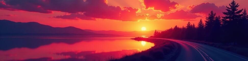 Fototapeta premium Crimson sunset paints lake and road, silhouettes of trees, highway, quiet, scenic